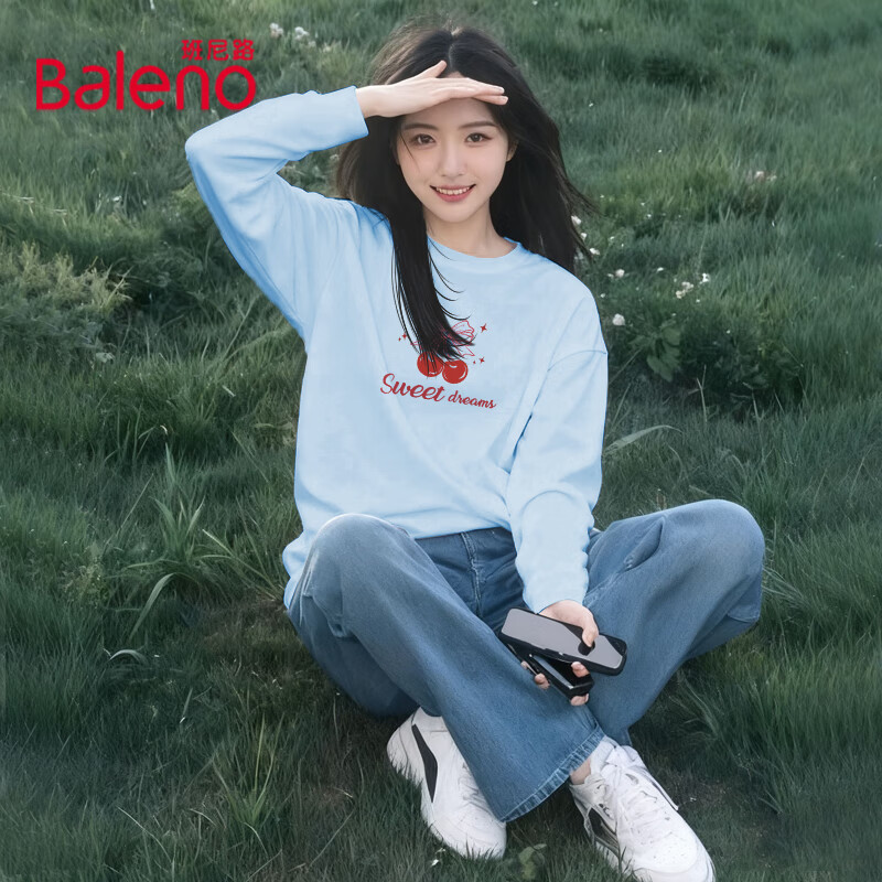 Baleno 纯棉长袖t恤女装春秋宽松休闲女生上衣服百搭潮流内搭打底衫3 雾霾蓝