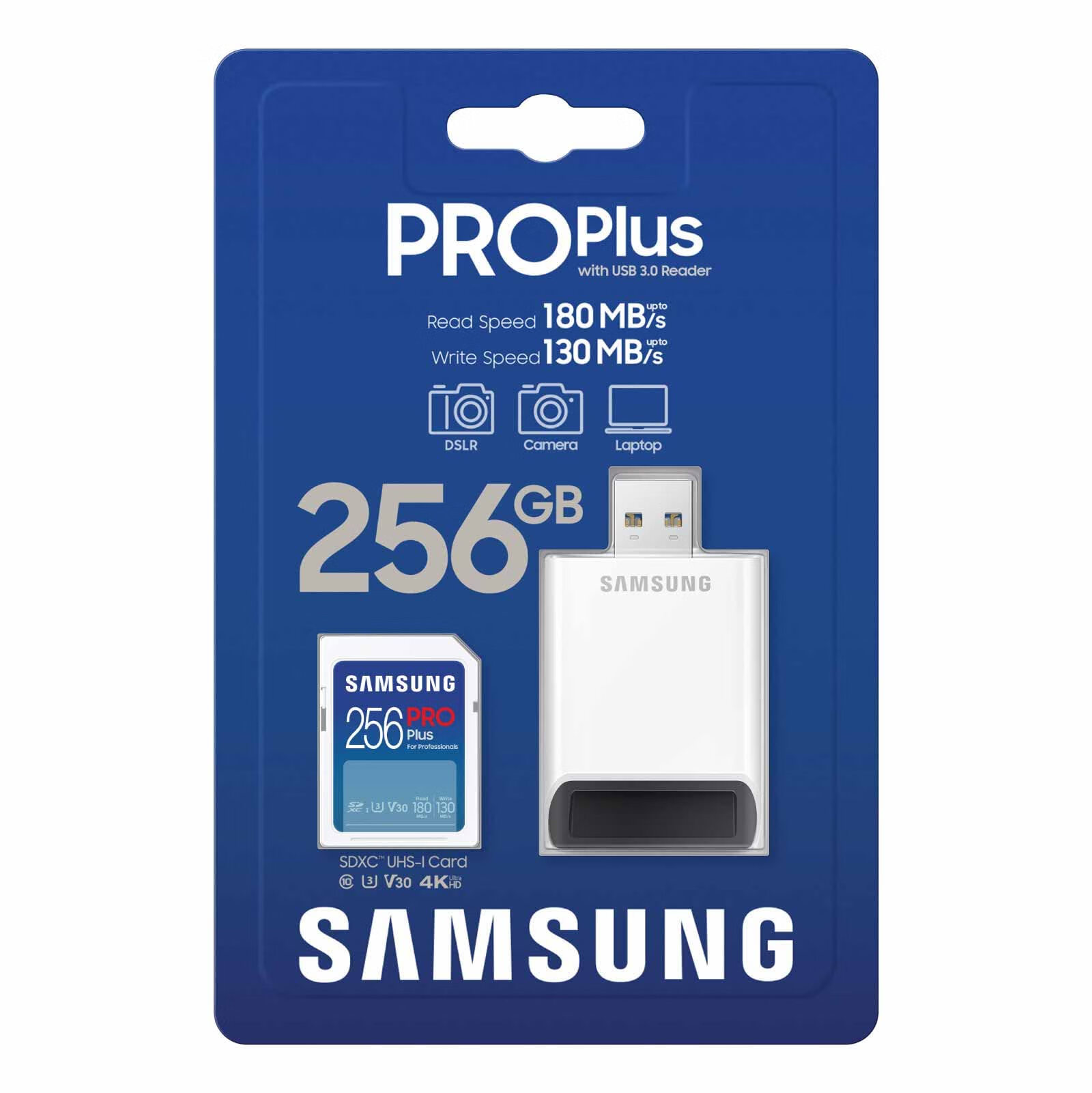 SAMSUNG 三星 PRO Plus 256GB内存卡+读卡器套装 高速PRO蓝卡 SD存储卡 C10/U3/V30 适用