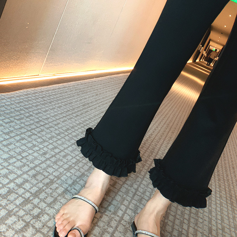 移动端：bigyu 显瘦黑色高腰九分裤女春夏新款八分休闲裤直筒修身花边裤子 