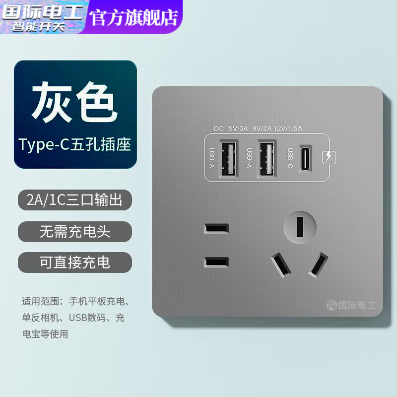 fdd 国际电工 双USB插座面板20W快充墙壁无需充电头Type-c家用五孔插座快充面