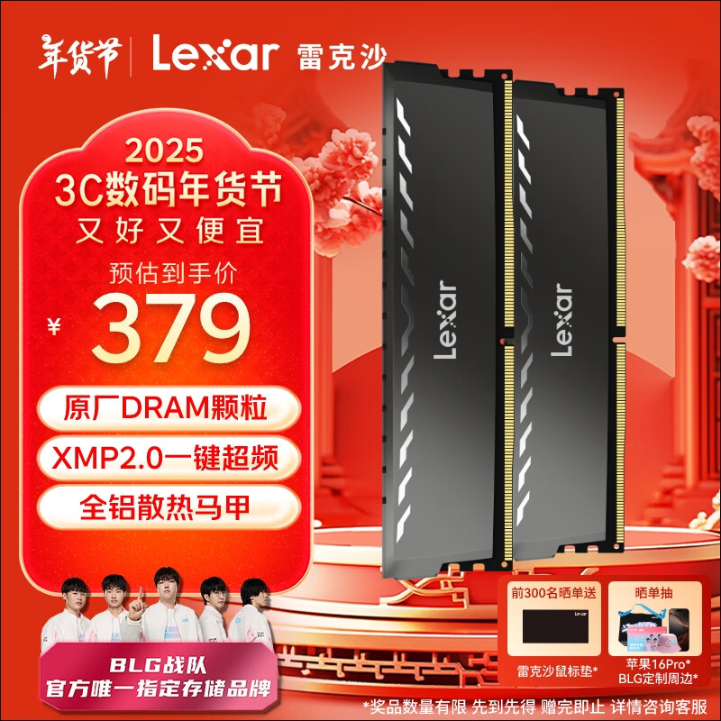 雷克沙 雷神铠 DDR4 3200MHz 台式机内存 马甲条 钛空灰 32GB(16GB×2)套条 369元包