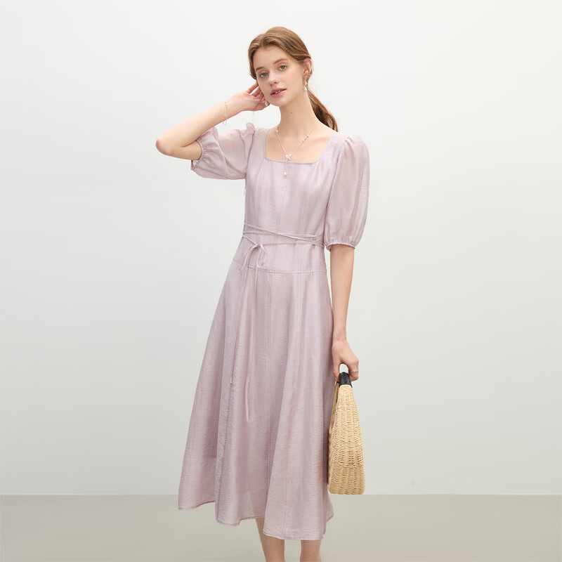 范思蓝恩 泡泡袖方领法式连衣裙女2025夏装慵懒浪漫收腰A字裙子241 冰水蓝 L 