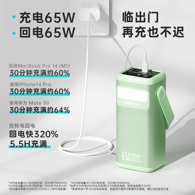 罗马仕 轻户外电源65W快充电宝 40000毫安时便携直播电源 适用于苹果华为小米 兼容苹果笔记本电脑 135.75元