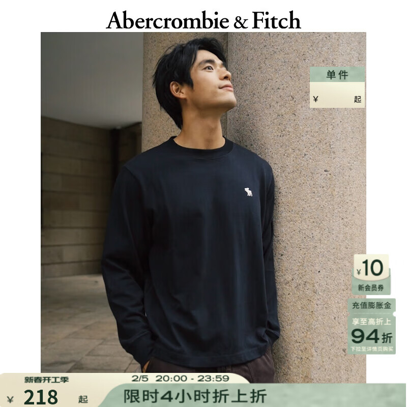 Abercrombie & Fitch 男装 24春小麋鹿美式纯色休闲圆领长袖T恤上衣 355502-1 纯黑 XL