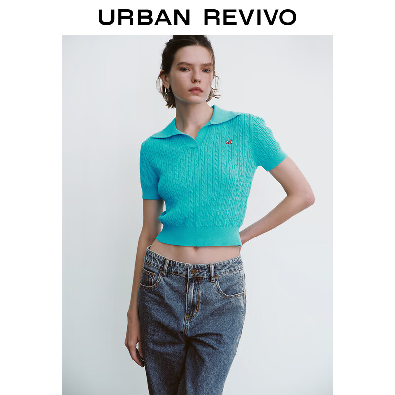 URBAN REVIVO UR2024秋季女装时尚撞色刺绣绞花短袖针织衫UYY940008 碧绿 S 179元（