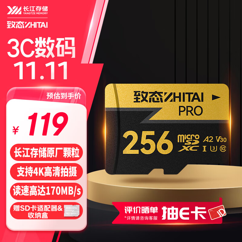 百亿补贴、PLUS会员：致态 PRO专业高速 MicroSD存储卡 256GB（U3、A2、V30） 118.41