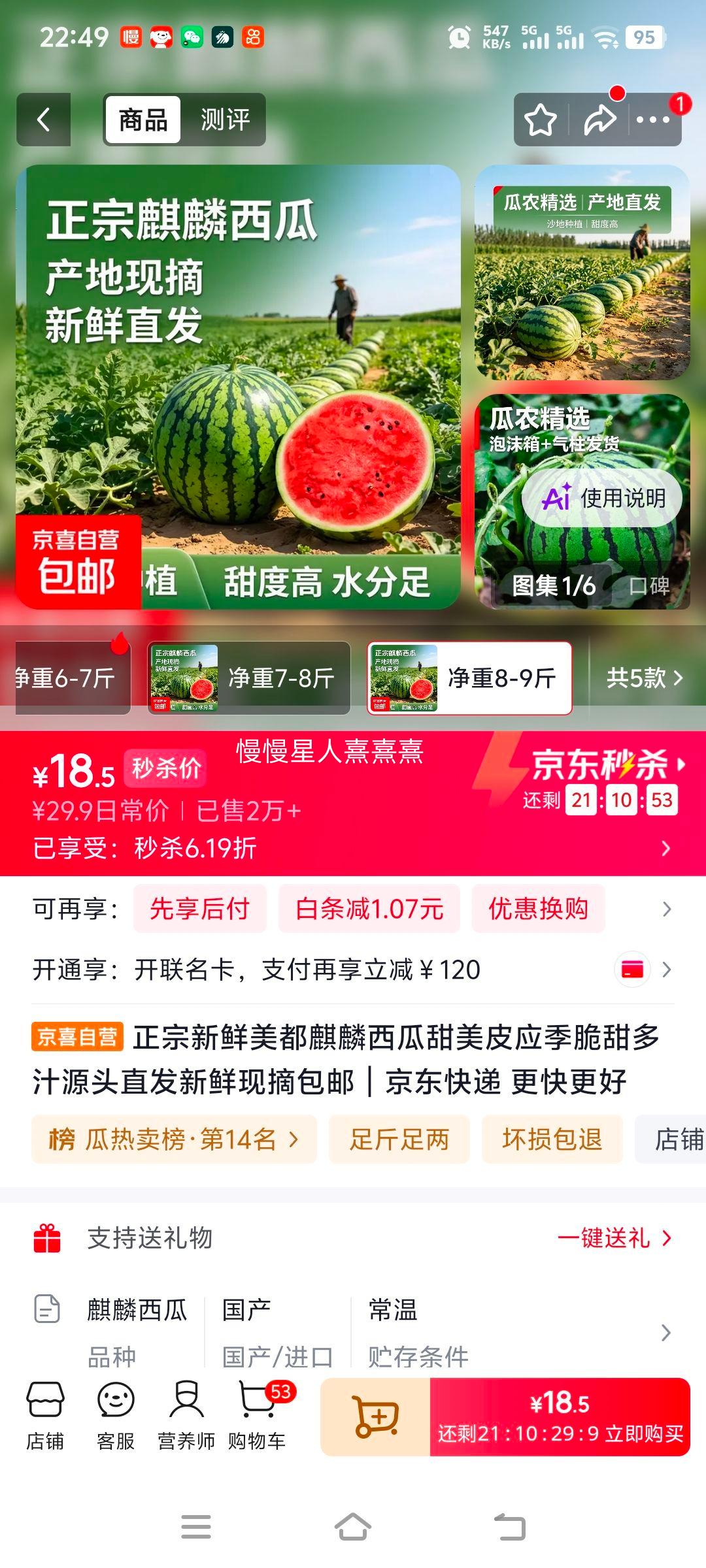 美都麒麟西瓜 新鲜现摘 8-9斤 包邮 18.5元 - 86线报