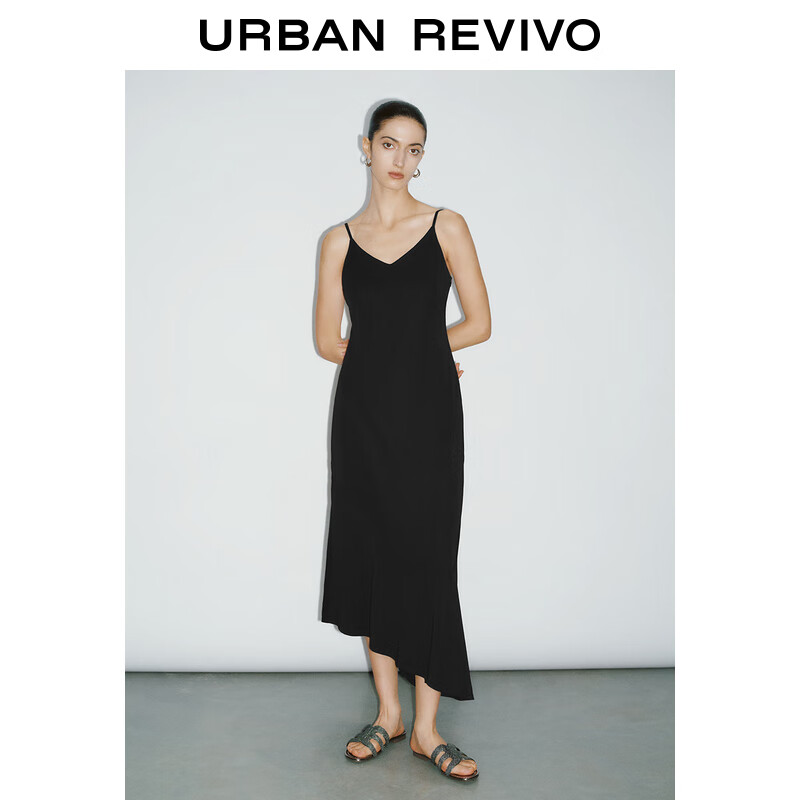 URBAN REVIVO UR2024秋季女装气质魅力不对称裙摆吊带连衣裙UWG740213 黑色 XL 279元