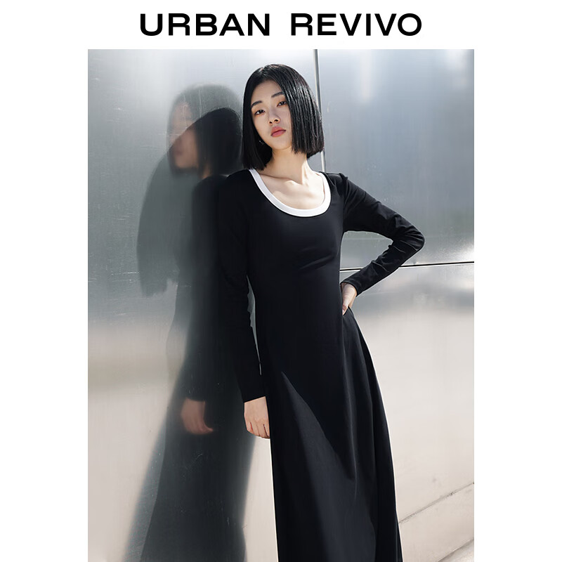 URBAN REVIVO UR2024春季女装时尚撞色圆领中长款长袖连衣裙UWG740019 正黑 XS 68.31