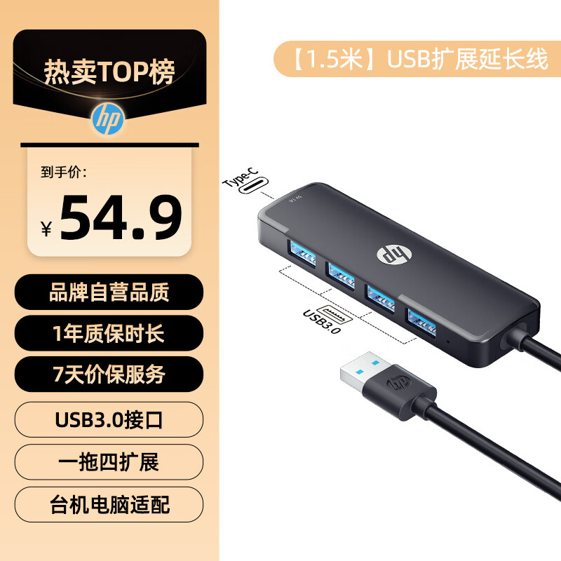 HP 惠普 usb扩展坞 电脑usb扩展接口 4口usb3.0分线器拓展坞 usb延长线 1.5米 50.9