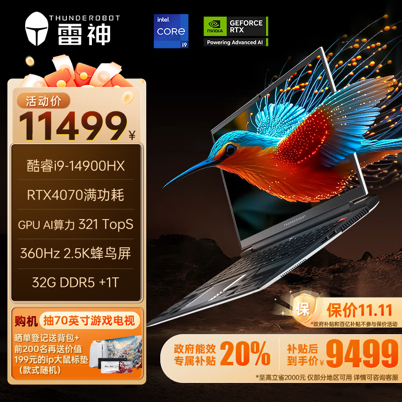 ThundeRobot 雷神 Zero 2024 16英寸游戏本（i9-14900HX、32GB、1TB、RTX4070） ￥9499