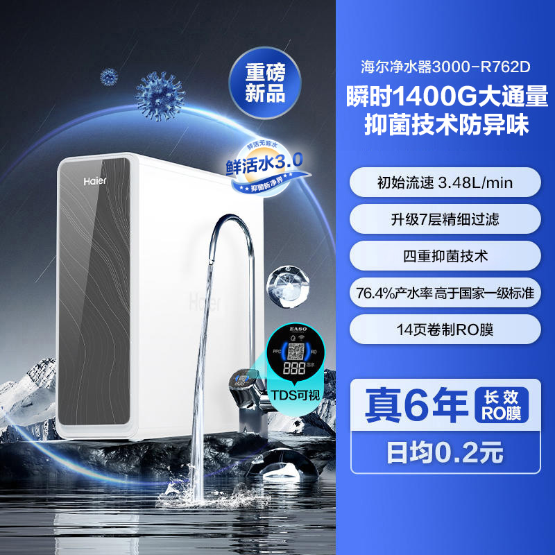 海尔 Haier 家用净水器鲜活水PRO系列全屋净饮套装RO反渗透直饮净水机 1200g 765