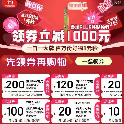 促销活动：京东双11 满200减20/2000减280元 等自营美妆补贴券 25-28日内使用，