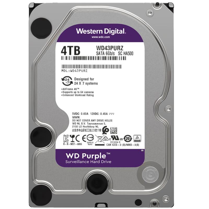 概率券：西部数据 WD43PURZ 垂直式机械硬盘 4TB 485.26元（晒单返20元E卡后）