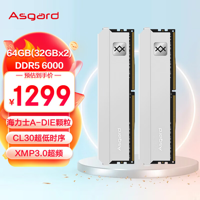 Asgard 阿斯加特 64GB(32Gx2)套装 DDR5 6000 台式机内存条 弗雷系列-钛银甲 CL30 1219