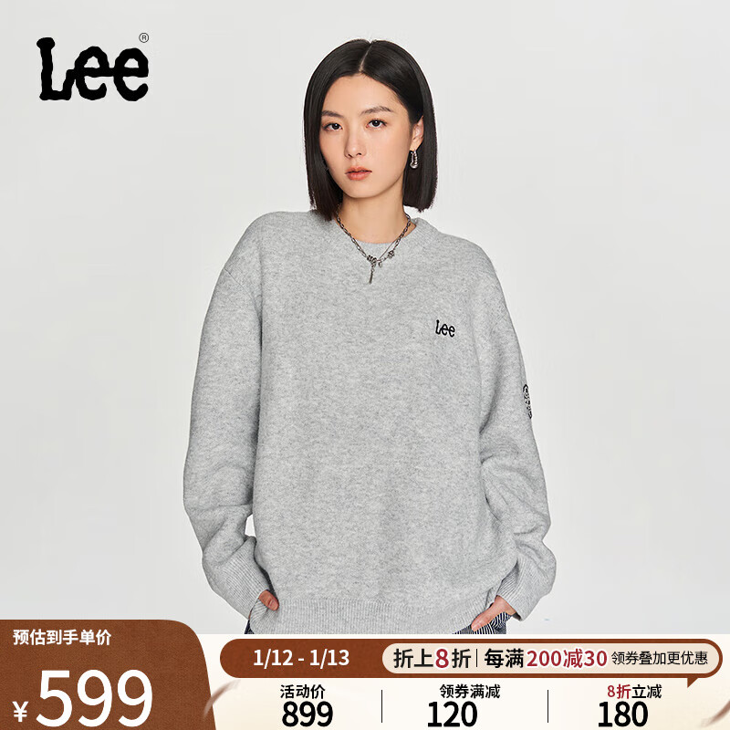 Lee 韩国设计宽松版多色圆领针织套头毛衣潮流LUT00638 灰色 XL 569.2元（需用券