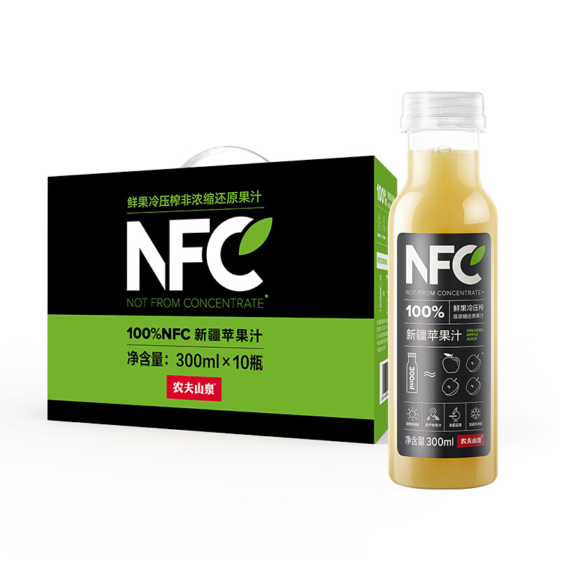 农夫山泉 nfc新疆苹果汁 果汁饮料 100% 鲜榨果汁 礼盒送礼 苹果汁300ml*10瓶 59.