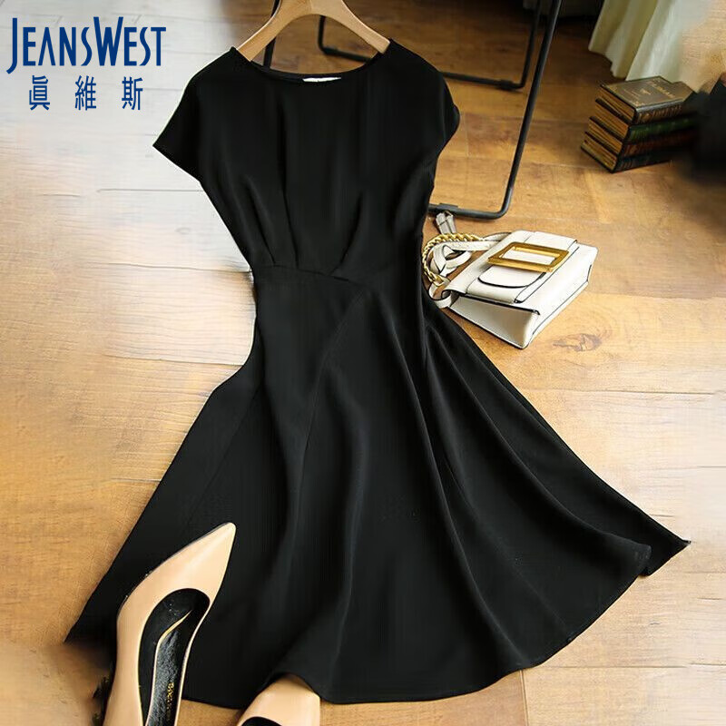 JEANSWEST 真维斯 连衣裙女夏季时尚显瘦收腰通勤短袖圆领裙子黑色XL 54.5元（