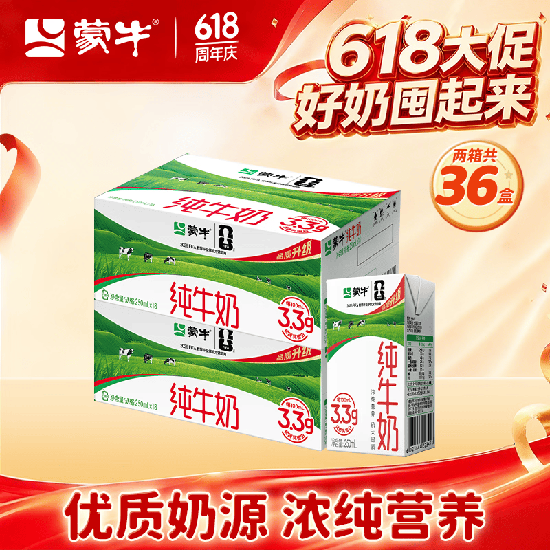 蒙牛 3.2g蛋白质 纯牛奶 250ml*18盒*2箱 54.9元（需用券）