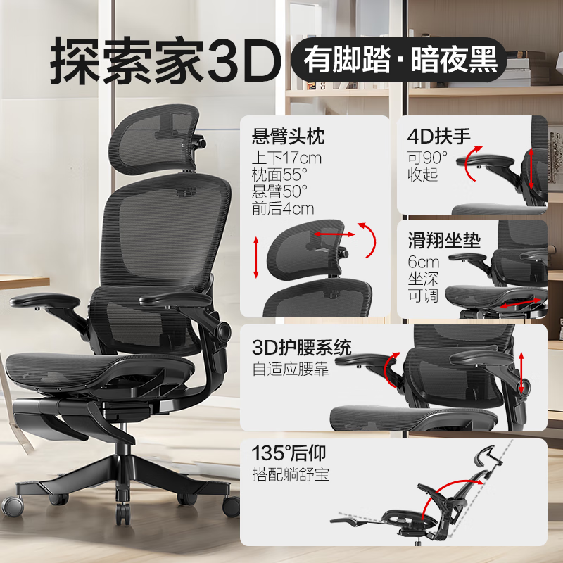 网易严选 探索家3D人体工学电脑椅电竞椅家用办公久坐座椅悬浮腰靠 1022.21元 - 86线报