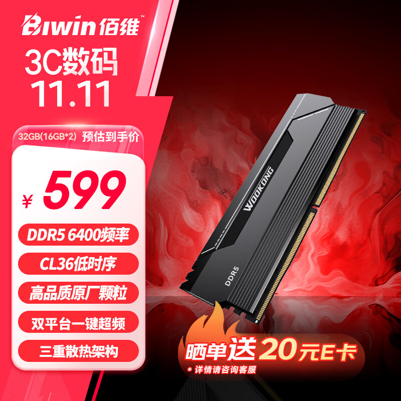 BIWIN 佰维 马甲条 32G(16G×2)套装 DDR5 6400频率 台式机内存条 悟空 HX100(C36) 石耀