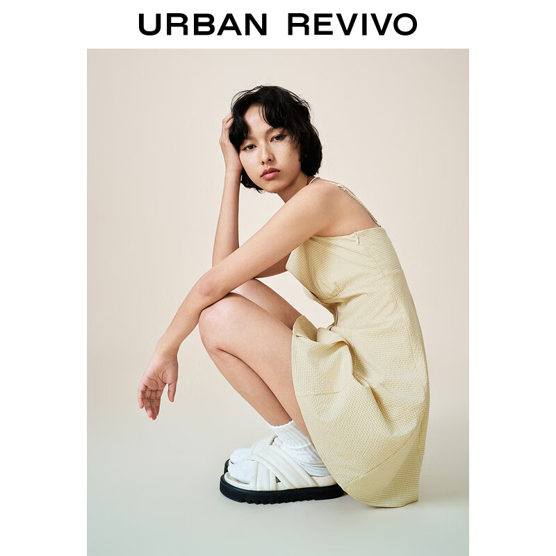 URBAN REVIVO 女士田园风撞色格纹纽扣吊带连衣裙 UYY740003 橘黄格子 S 199元（需