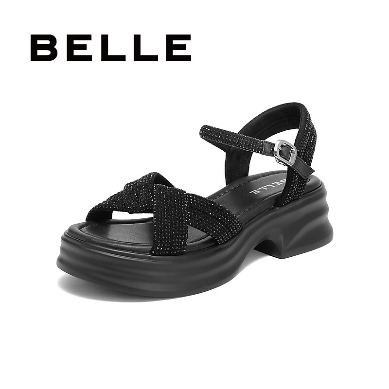 plus会员：BeLLE 百丽 满钻条带繁星休闲凉鞋女24夏季厚底增高凉鞋A9S2DBL4 黑色
