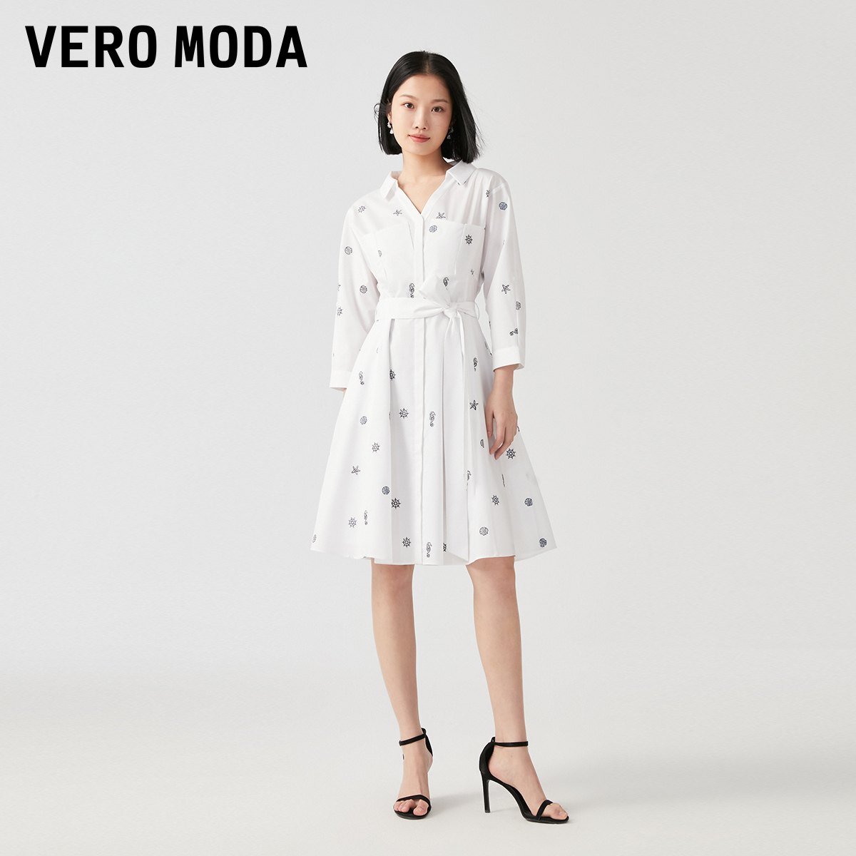 VERO MODA 连衣裙2023春夏新款优雅气质通勤刺绣七分袖收腰 340.84元（需买3件，