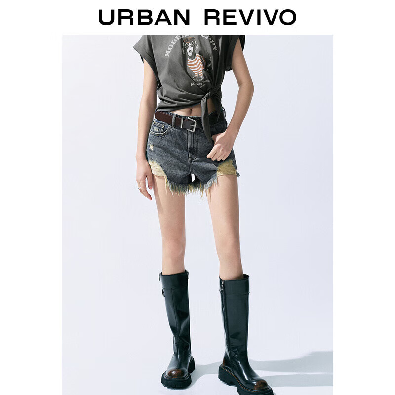 URBAN REVIVO UR2024秋季新款女装复古街头风破洞流苏牛仔短裤UYY840001 139元（需