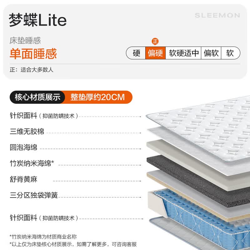 喜临门 梦蝶lite床垫 舒脊黄麻三区独袋弹簧床垫 强支撑床垫 1.8x2米偏硬 1005.16元 - 美泡泡