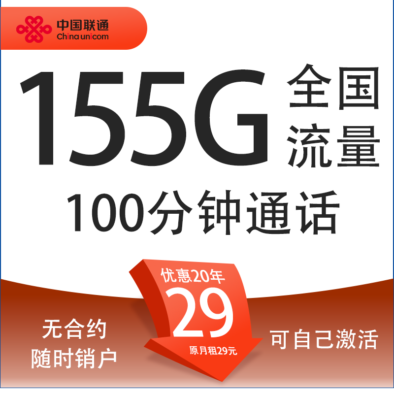 中国联通 极速卡 20年29元/月（155G通用流量+100分钟通话+自主激活+5G套餐） 0.