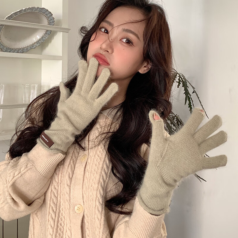 三栖虎 保暖ins花边羊毛手套女冬季五指 65.94元