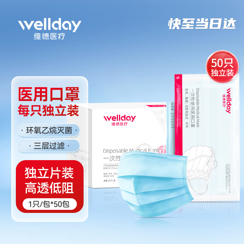 PLUS会员：WELLDAY 维德 一次性使用医用口罩 独立装 50片 蓝色 10.6元买三赠一