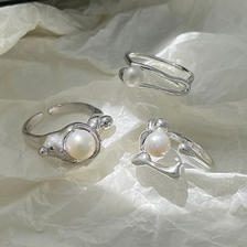 KOSE 高丝 甜酷叠戴珍珠戒指女时尚ins小众设计感开口指环线条双层食指戒 17.