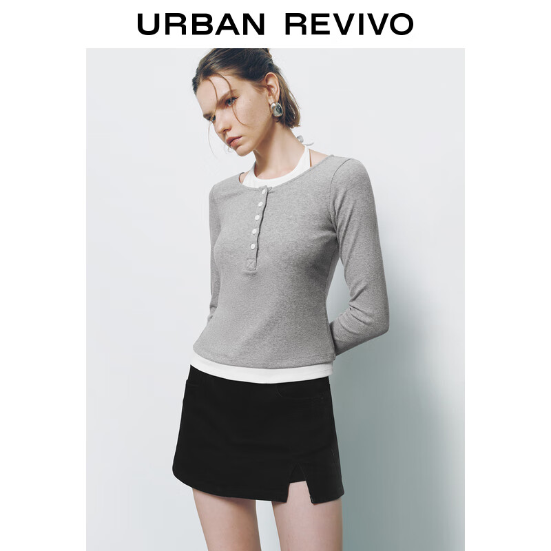 URBAN REVIVO UR2024秋季女装潮流撞色假两件挂脖修身长袖T恤UYV440034 花灰 XL 159元