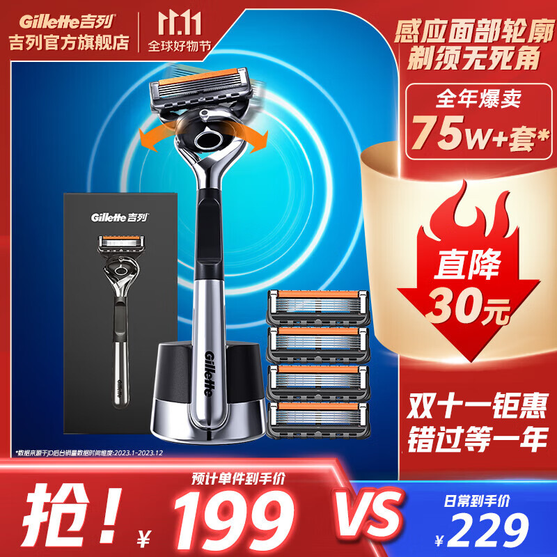 PLUS会员：Gillette 吉列 剃须刀手动 锋隐5致顺引力盒 1刀架+5刀头+1底座 159.69