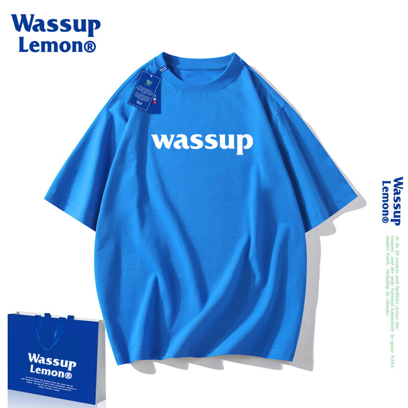 京东百亿补贴：WASSUP LEMON 短袖t恤男纯棉 简约印花上衣 克莱因蓝 29.75元包邮