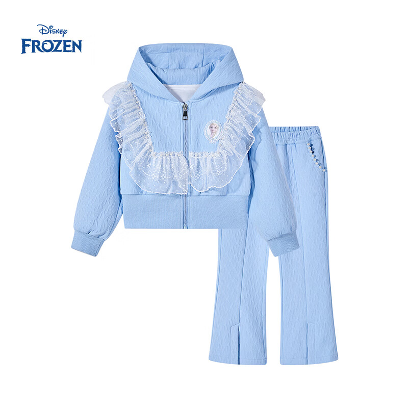 迪士尼 艾莎女童套装两件套2026新款春秋装连帽上衣裤子印花长袖儿童套装 