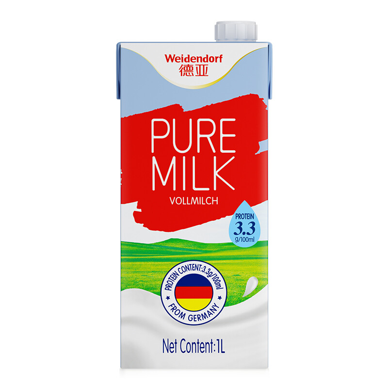 Weidendorf 德亚 德国原装进口全脂高钙纯牛奶1L*12盒 整箱装优质乳蛋白营养早