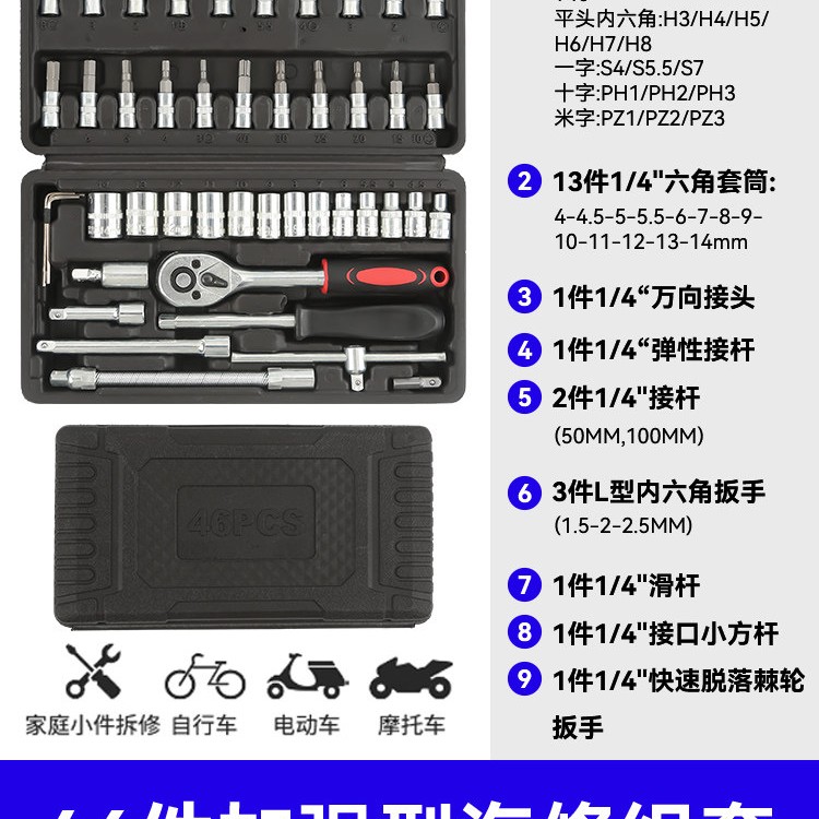 移动端：友福工具 UF-008 汽修工具套装 1/4小飞 46件套 15.5元（淘金币可抵0.9