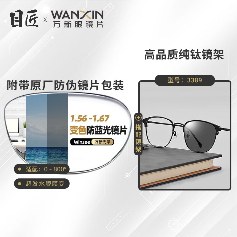 winsee 万新 1.60智能变色镜片（附带原厂包装）+多款镜架可选 88元包邮（需用