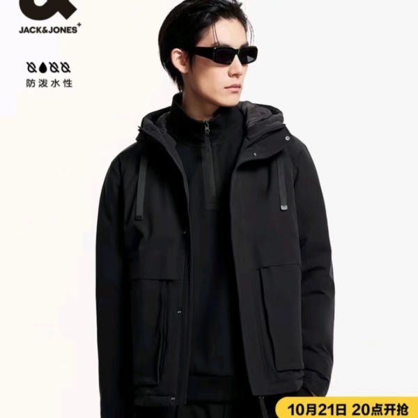 杰克琼斯 杰克·琼斯（JACK&JONES）男装 工装连帽鸭绒羽绒服 黑/白/褐色 484元