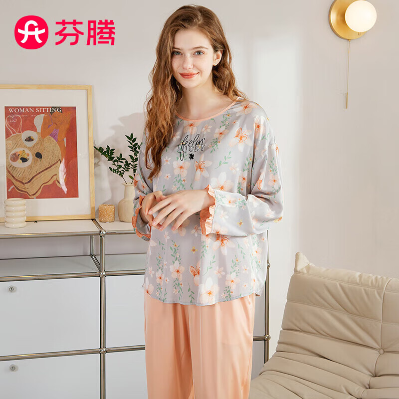 FENTENG 芬腾 睡衣女士印花休闲圆领仿真丝家居服套装Q9983711152 66元（需用券