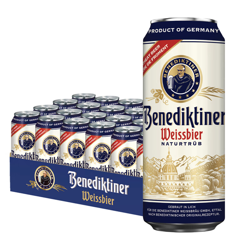 Benediktiner 百帝王 小麦白啤酒 修道院经典 500ml*24听 整箱装 德国原装进口 131.