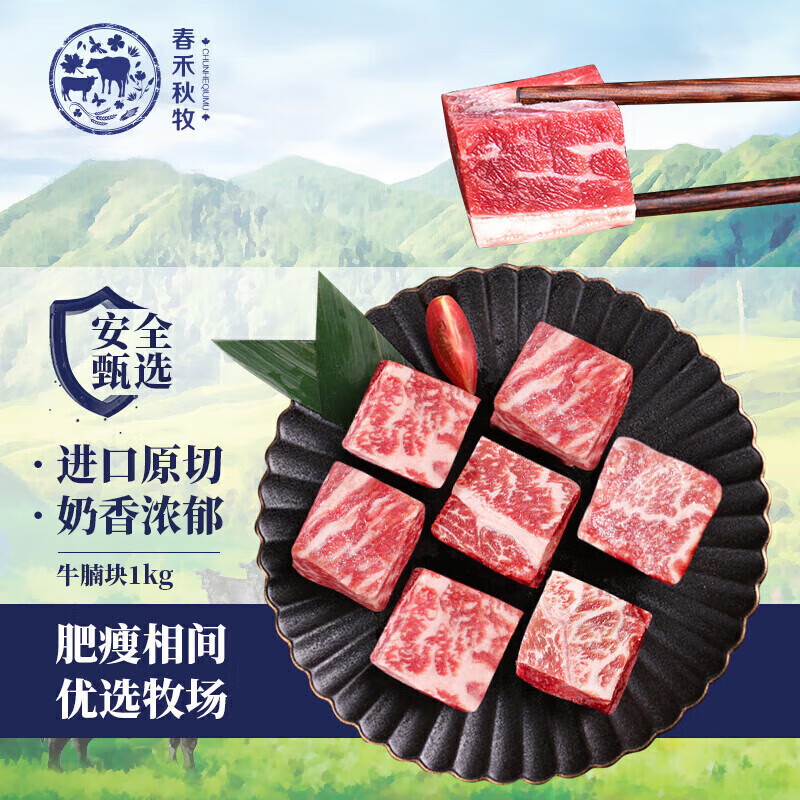 春禾秋牧 原切牛腩块1kg 炖煮烧烤 生鲜冷冻牛肉 49.9元（需买2件，共99.8元）