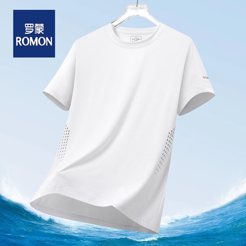 ROMON 罗蒙 夏季薄款男士圆领短袖t恤速干吸汗时尚休闲运动健身轻薄衣 白色 