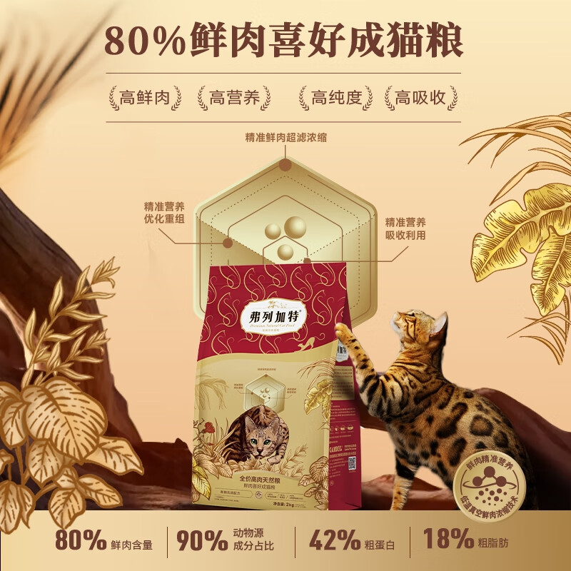 弗列加特 FREGATE 80%高肉成猫粮2kg送大礼包 109元（需买2件，需用券）