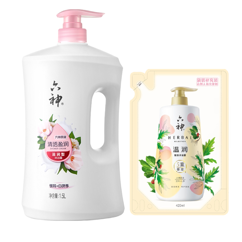 88VIP：六神 清香白茯苓1.5L*1 420ml*1袋芦荟沐浴露滋润保湿 37.9元