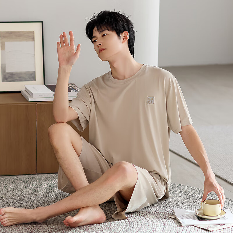 潔麗雅男士睡衣夏季薄款莫代爾冰絲短袖短褲套裝家居服可外穿 34.9元（需