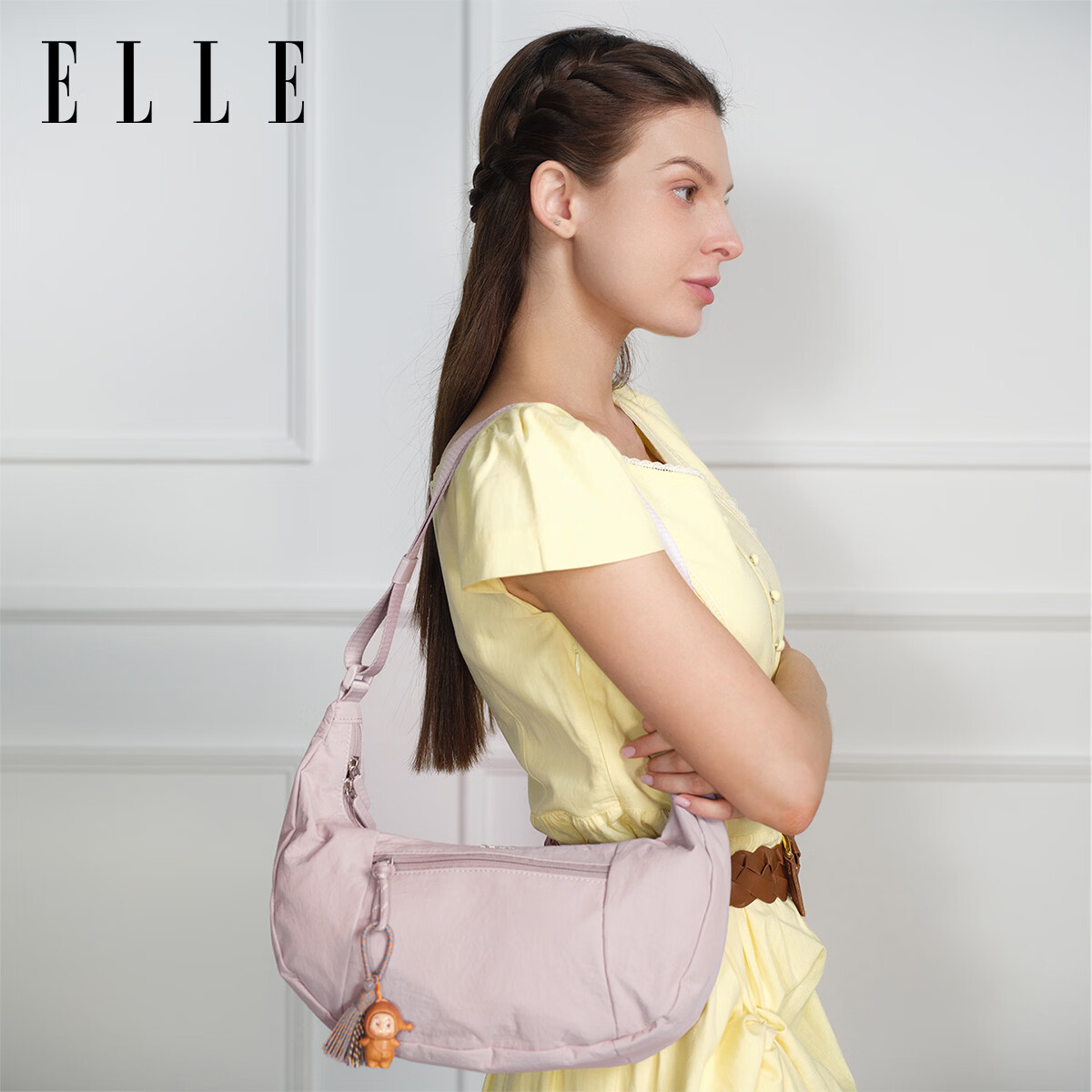 ELLE 斜挎包牛角包时尚包包 芋雾粉 89元（需用券）